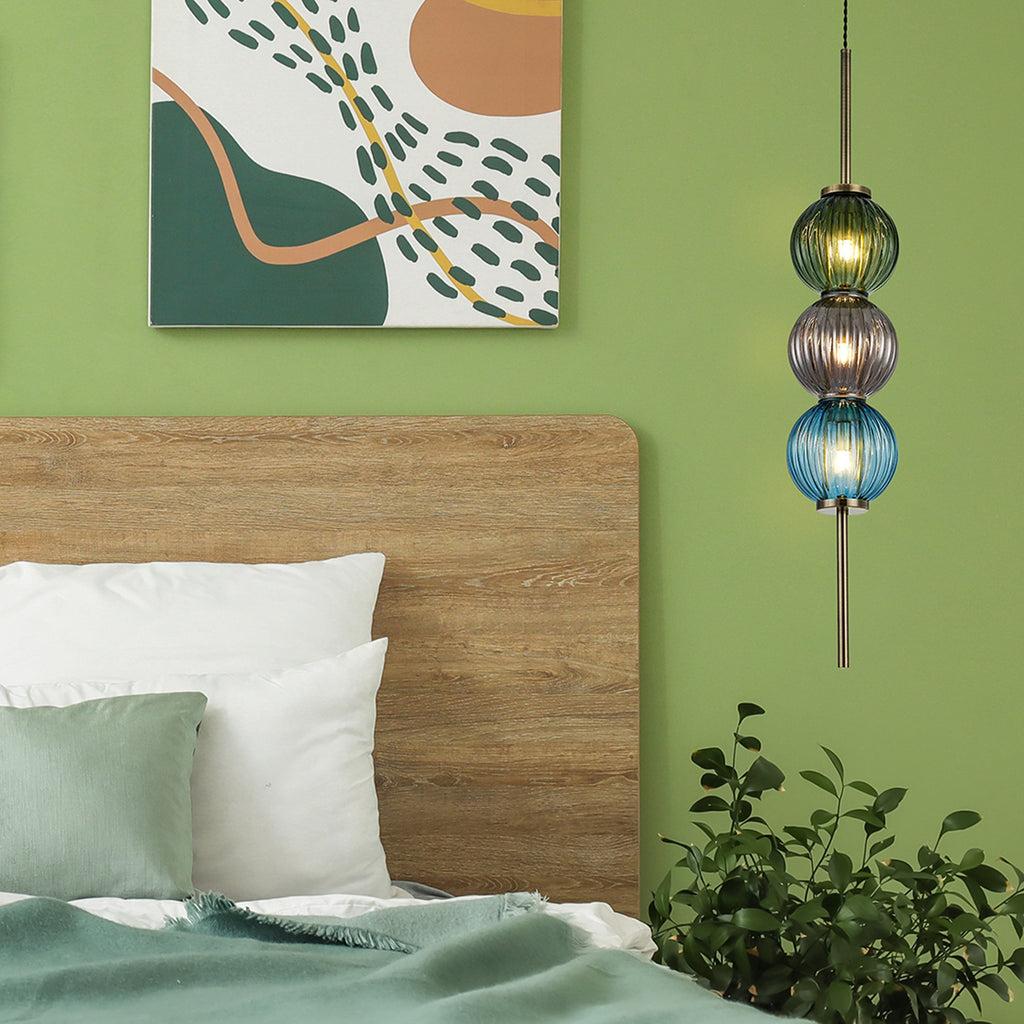 Lustre Segmented Glass Globe Vertical Pendant In An Antique Brass Framework, Blue, Moss and Smoke, 3x G9