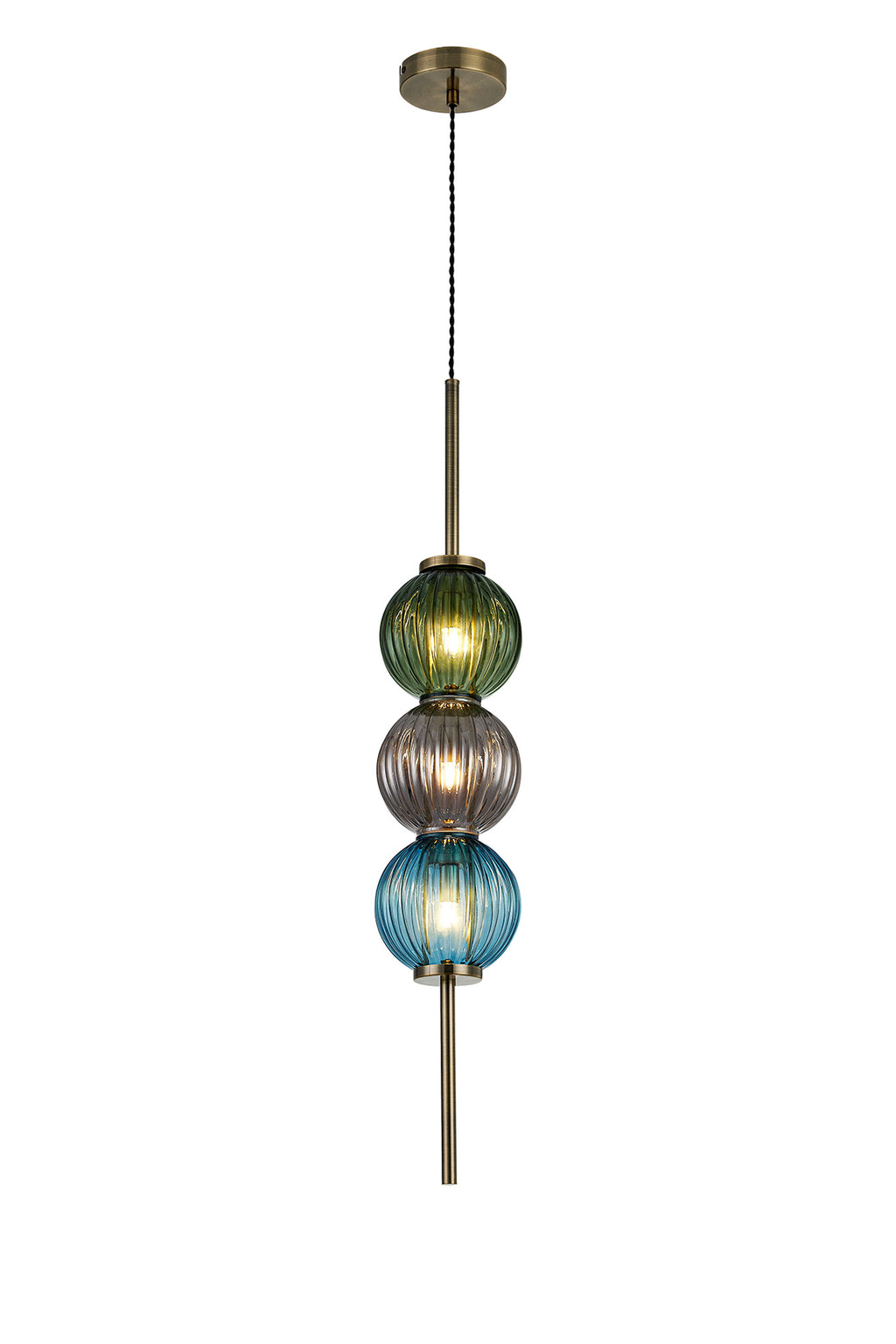 Lustre Segmented Glass Globe Vertical Pendant In An Antique Brass Framework, Blue, Moss and Smoke, 3x G9