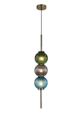 Lustre Segmented Glass Globe Vertical Pendant In An Antique Brass Framework, Blue, Moss and Smoke, 3x G9