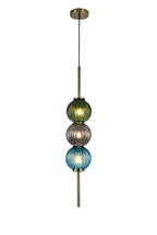 Lustre Segmented Glass Globe Vertical Pendant In An Antique Brass Framework, Blue, Moss and Smoke, 3x G9
