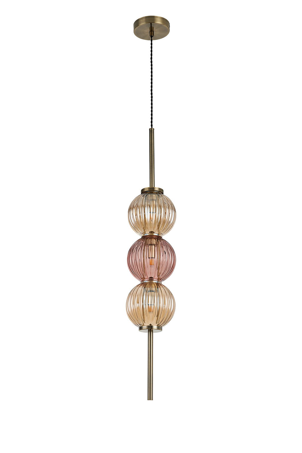 Lustre Segmented Glass Globe Vertical Pendant In An Antique Brass Framework, Amber and Blush, 3x G9