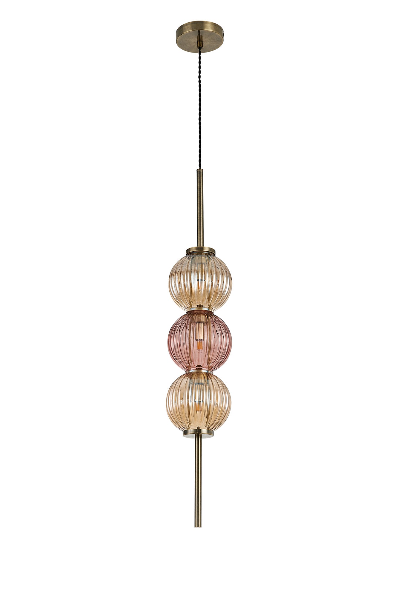 Lustre Segmented Glass Globe Vertical Pendant In An Antique Brass Framework, Amber and Blush, 3x G9