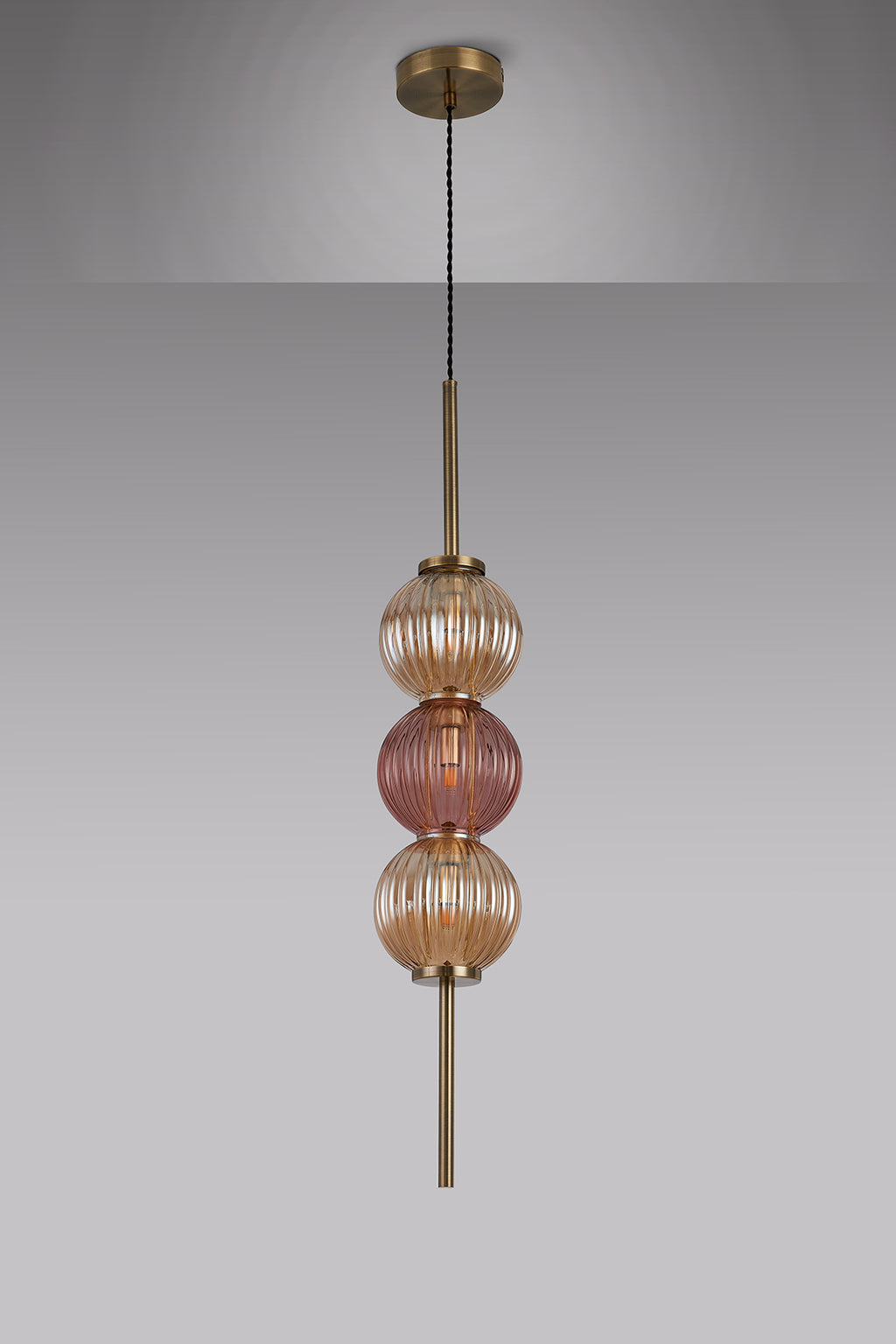 Lustre Segmented Glass Globe Vertical Pendant In An Antique Brass Framework, Amber and Blush, 3x G9