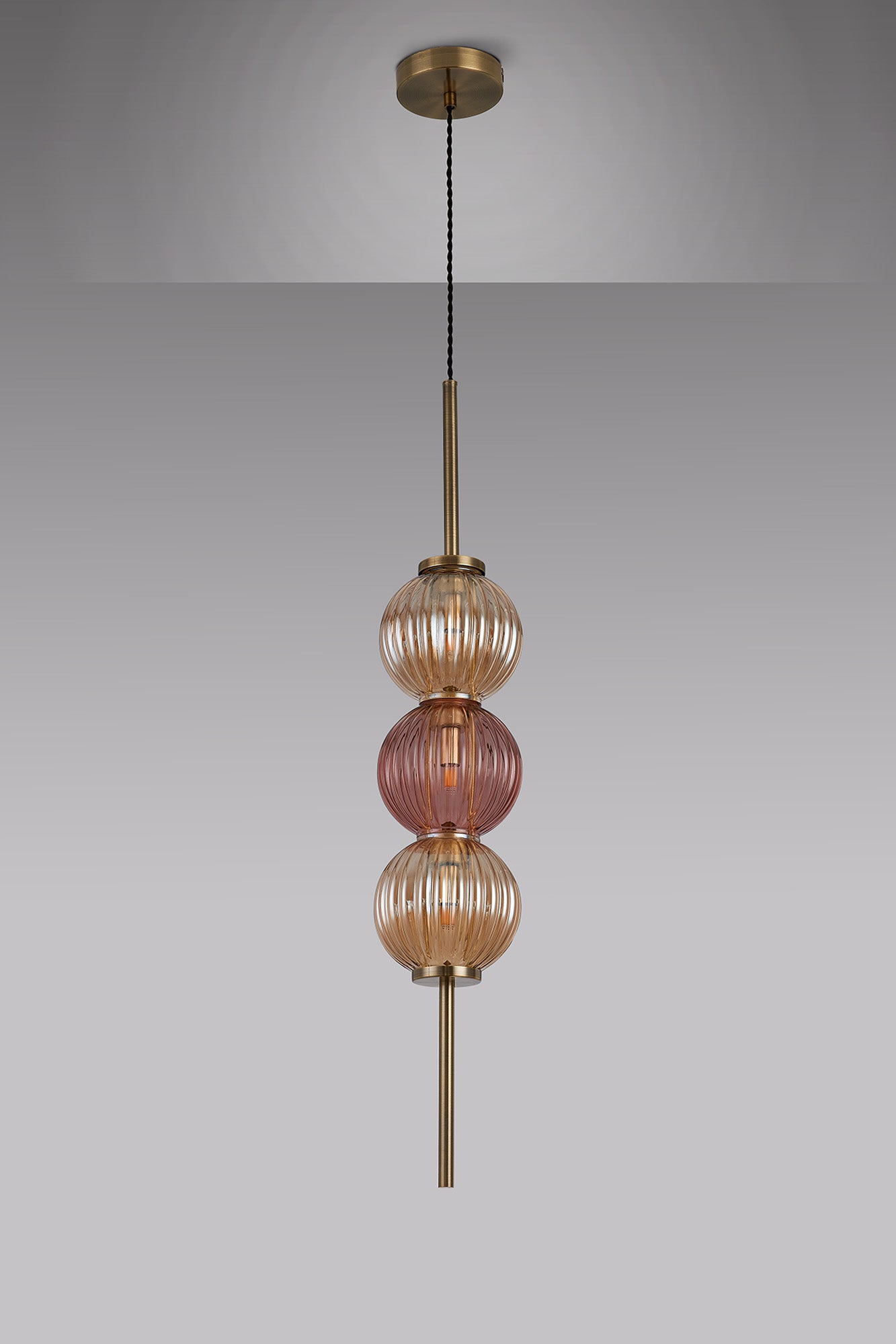 Lustre Segmented Glass Globe Vertical Pendant In An Antique Brass Framework, Amber and Blush, 3x G9