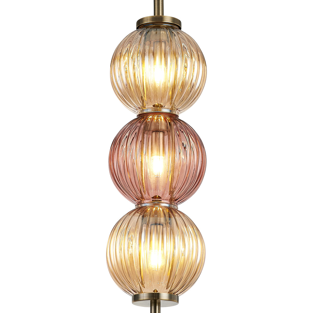 Lustre Segmented Glass Globe Vertical Pendant In An Antique Brass Framework, Amber and Blush, 3x G9