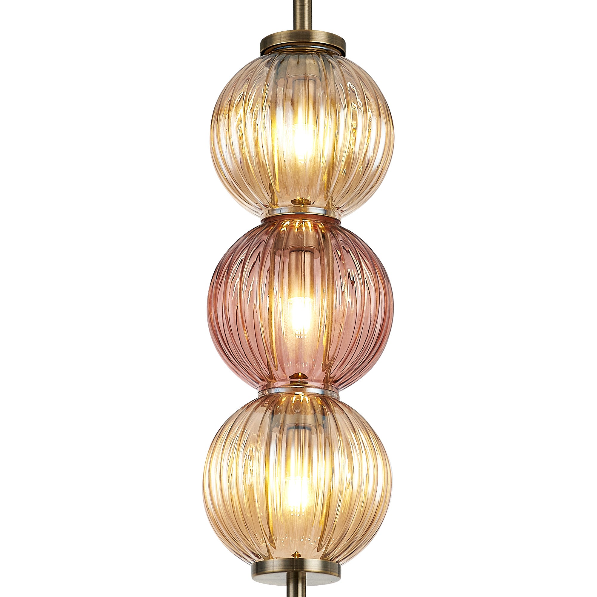 Lustre Segmented Glass Globe Vertical Pendant In An Antique Brass Framework, Amber and Blush, 3x G9