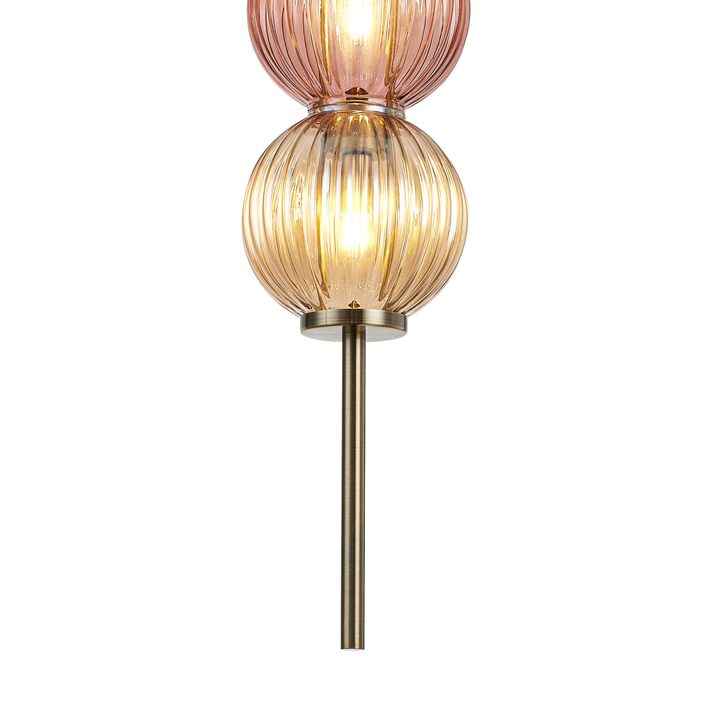 Lustre Segmented Glass Globe Vertical Pendant In An Antique Brass Framework, Amber and Blush, 3x G9