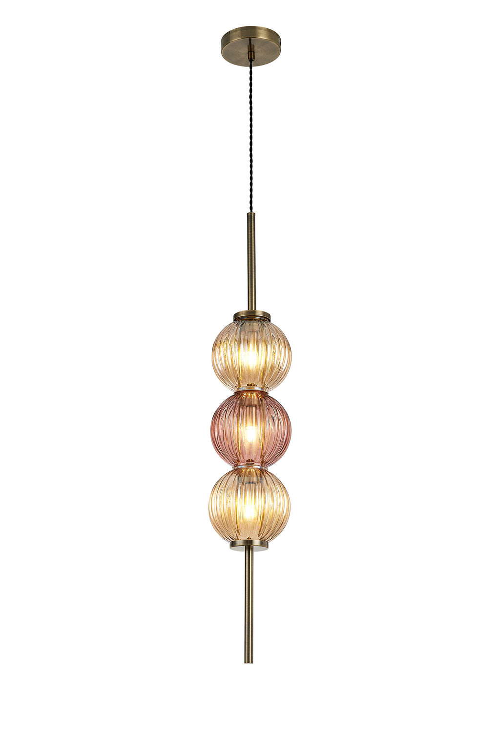 Lustre Segmented Glass Globe Vertical Pendant In An Antique Brass Framework, Amber and Blush, 3x G9
