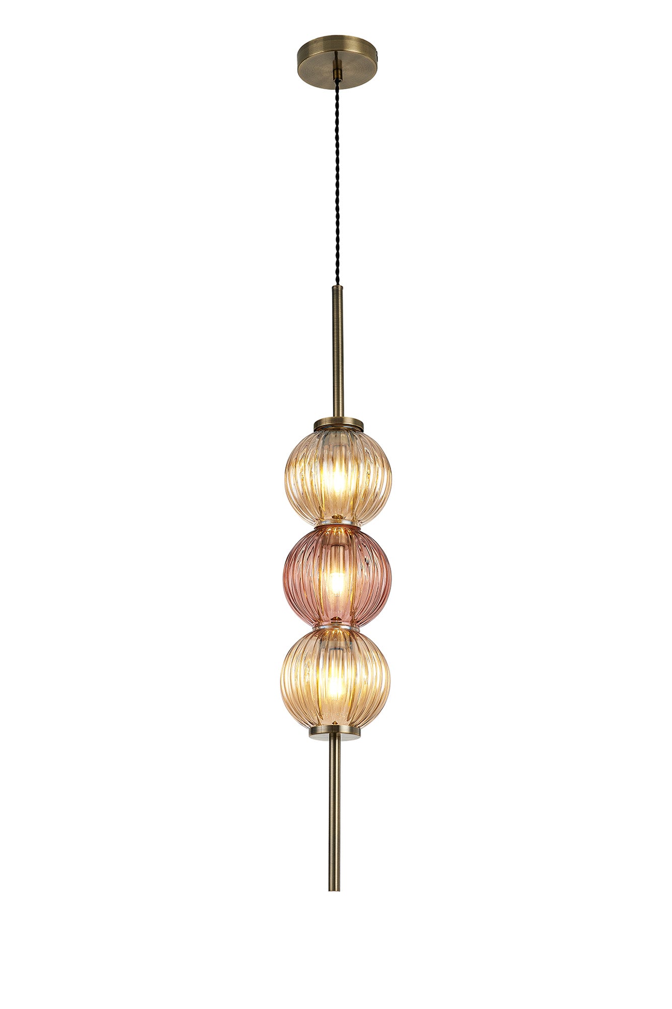 Lustre Segmented Glass Globe Vertical Pendant In An Antique Brass Framework, Amber and Blush, 3x G9
