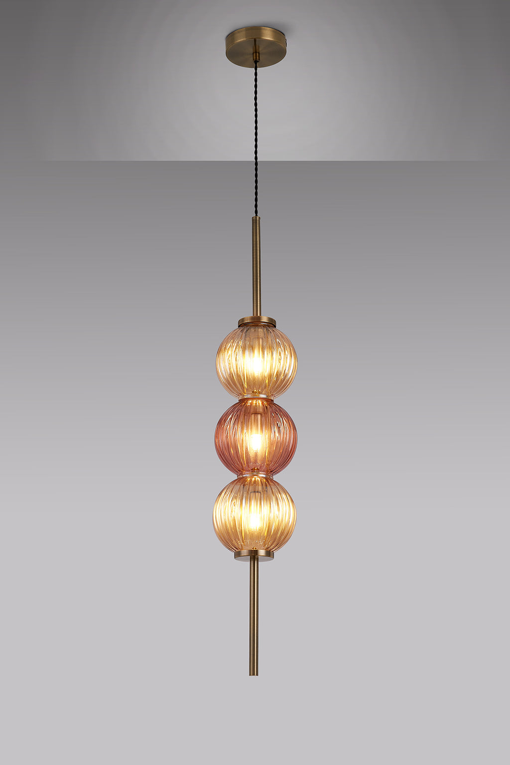Lustre Segmented Glass Globe Vertical Pendant In An Antique Brass Framework, Amber and Blush, 3x G9