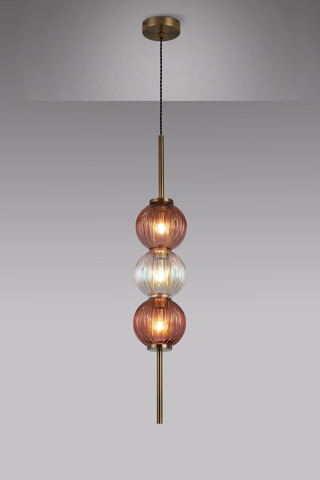 Lustre Segmented Glass Globe Vertical Pendant In An Antique Brass Framework, Iridescent and Blush, 3x G9