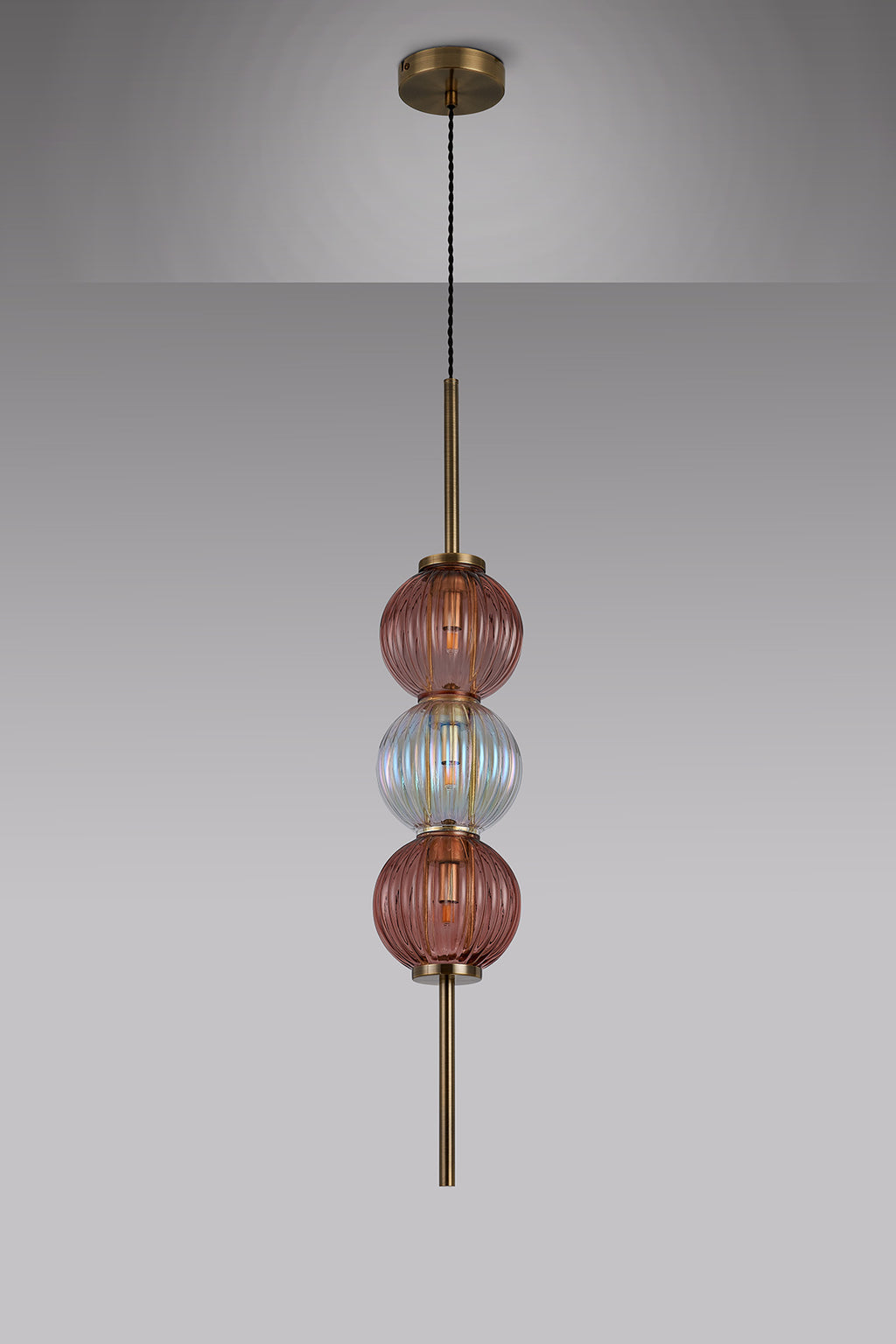 Lustre Segmented Glass Globe Vertical Pendant In An Antique Brass Framework, Iridescent and Blush, 3x G9