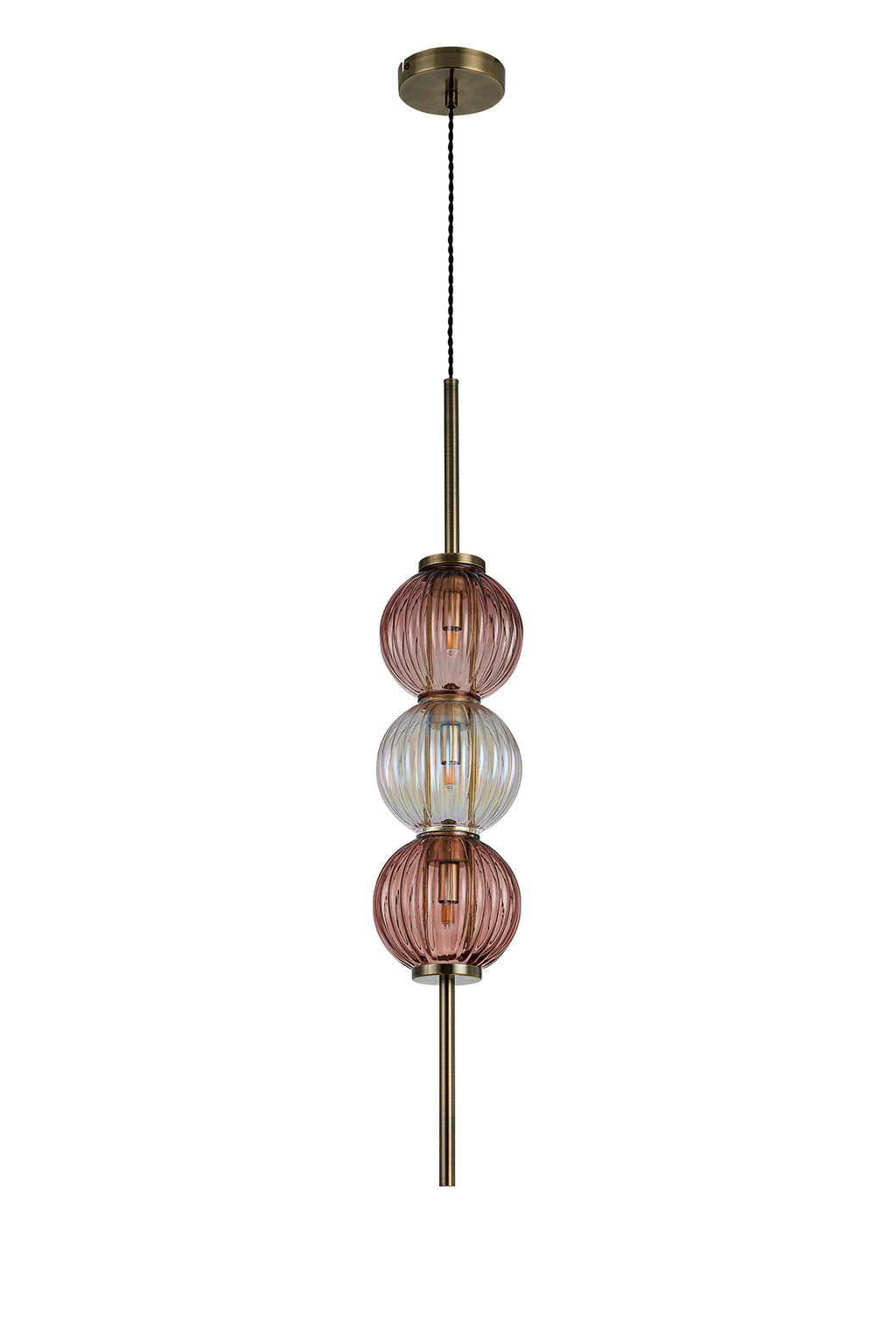 Lustre Segmented Glass Globe Vertical Pendant In An Antique Brass Framework, Iridescent and Blush, 3x G9