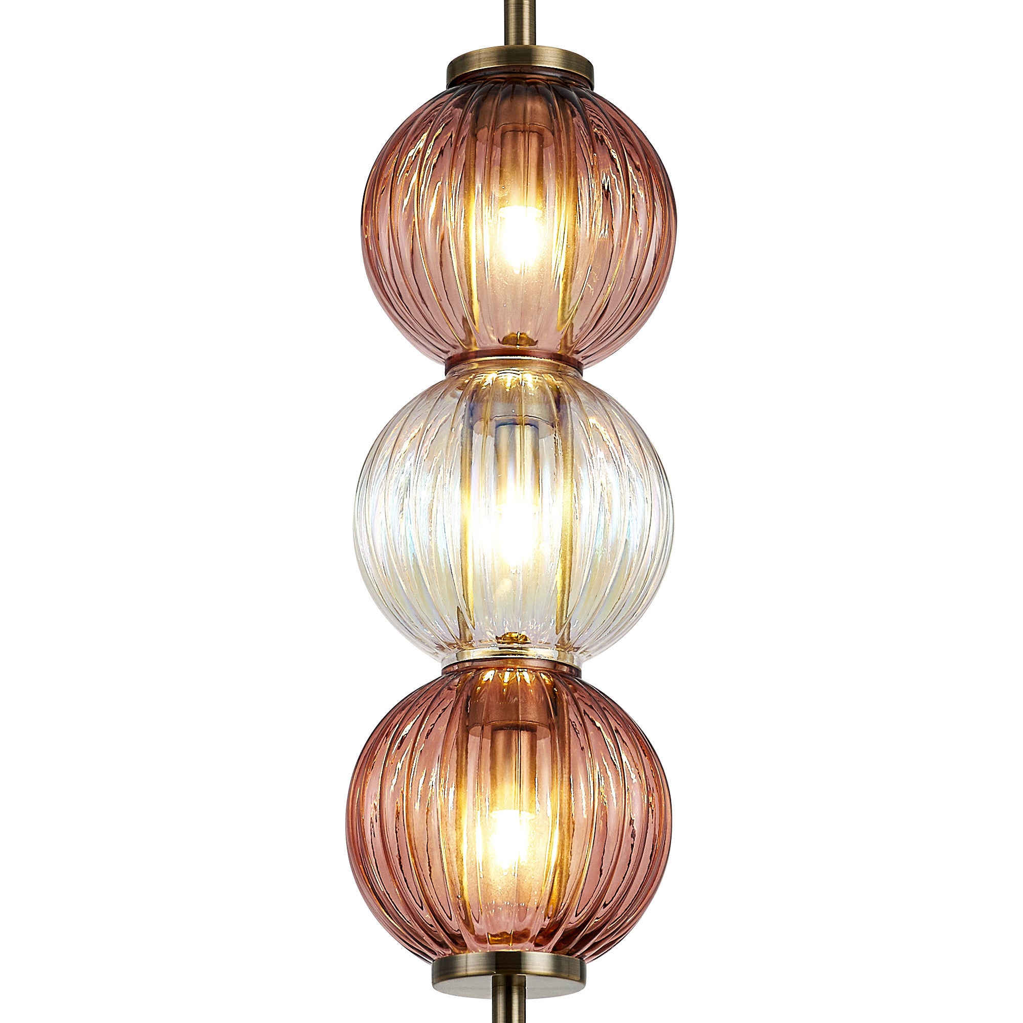 Lustre Segmented Glass Globe Vertical Pendant In An Antique Brass Framework, Iridescent and Blush, 3x G9