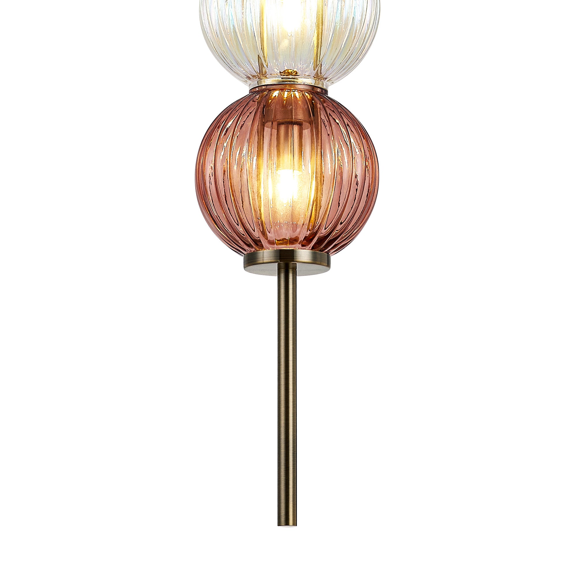 Lustre Segmented Glass Globe Vertical Pendant In An Antique Brass Framework, Iridescent and Blush, 3x G9