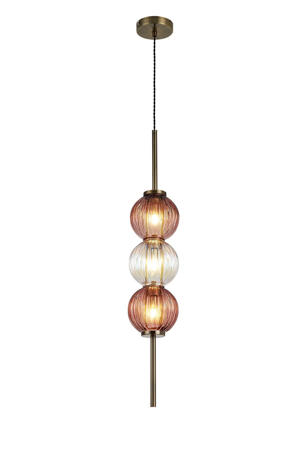 Lustre Segmented Glass Globe Vertical Pendant In An Antique Brass Framework, Iridescent and Blush, 3x G9