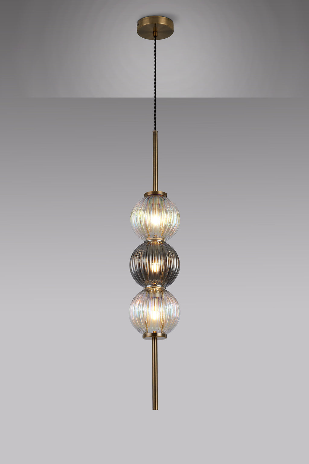 Lustre Segmented Glass Globe Vertical Pendant In An Antique Brass Framework, Iridescent and Smoke, 3x G9