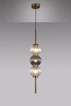 Lustre Segmented Glass Globe Vertical Pendant In An Antique Brass Framework, Iridescent and Smoke, 3x G9