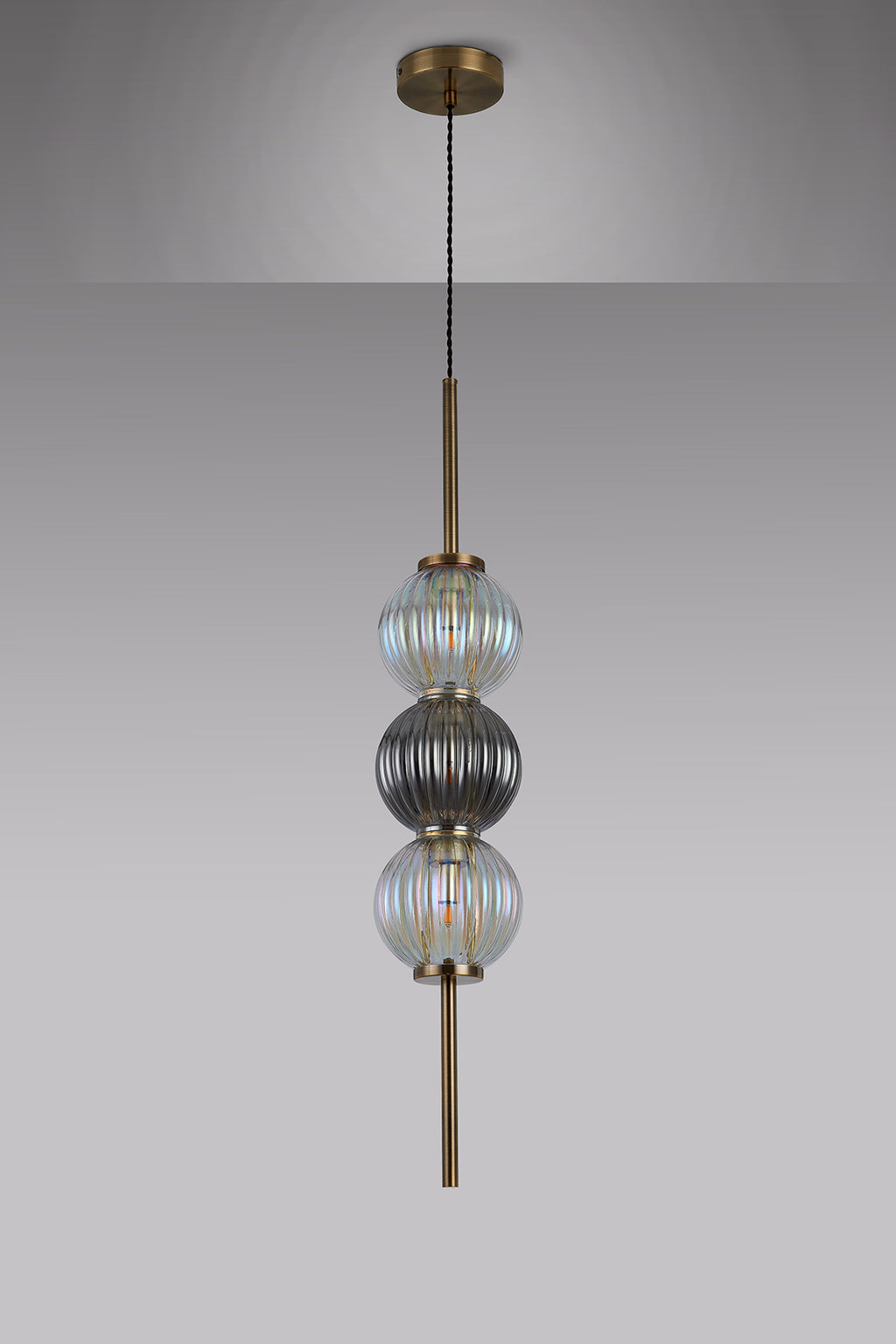 Lustre Segmented Glass Globe Vertical Pendant In An Antique Brass Framework, Iridescent and Smoke, 3x G9