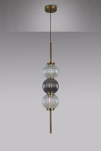 Lustre Segmented Glass Globe Vertical Pendant In An Antique Brass Framework, Iridescent and Smoke, 3x G9
