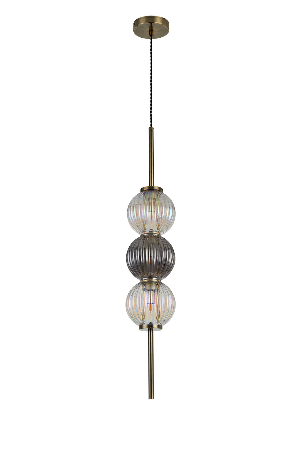 Lustre Segmented Glass Globe Vertical Pendant In An Antique Brass Framework, Iridescent and Smoke, 3x G9