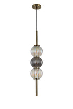 Lustre Segmented Glass Globe Vertical Pendant In An Antique Brass Framework, Iridescent and Smoke, 3x G9