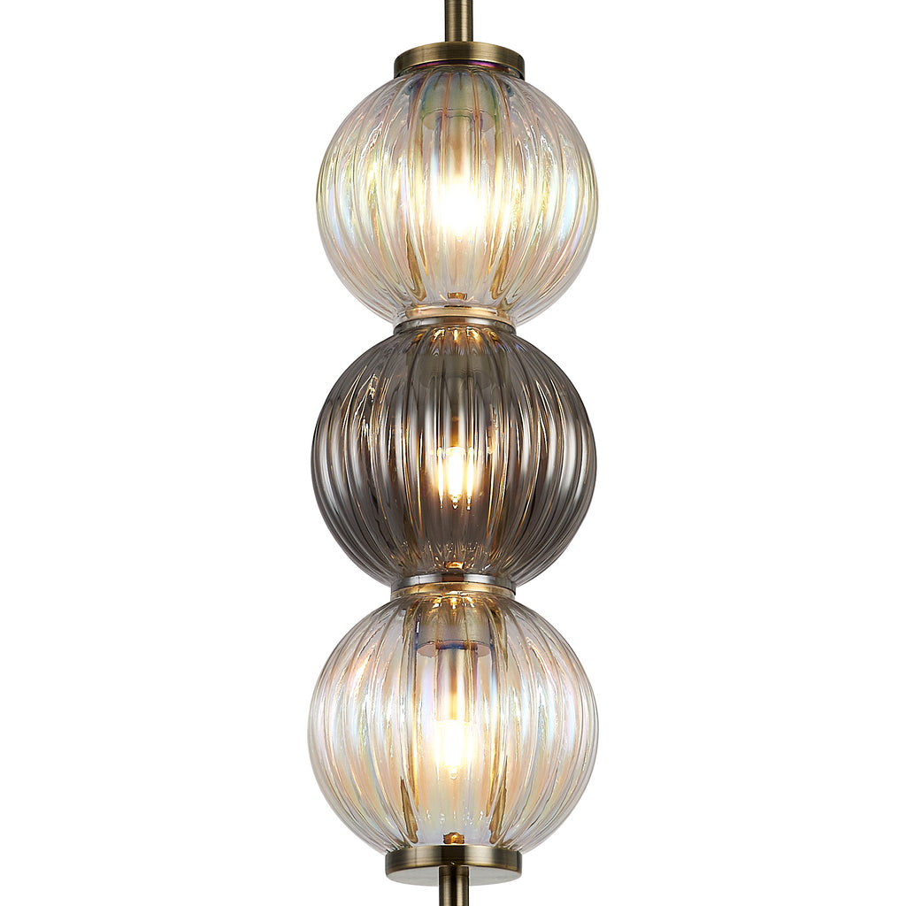 Lustre Segmented Glass Globe Vertical Pendant In An Antique Brass Framework, Iridescent and Smoke, 3x G9