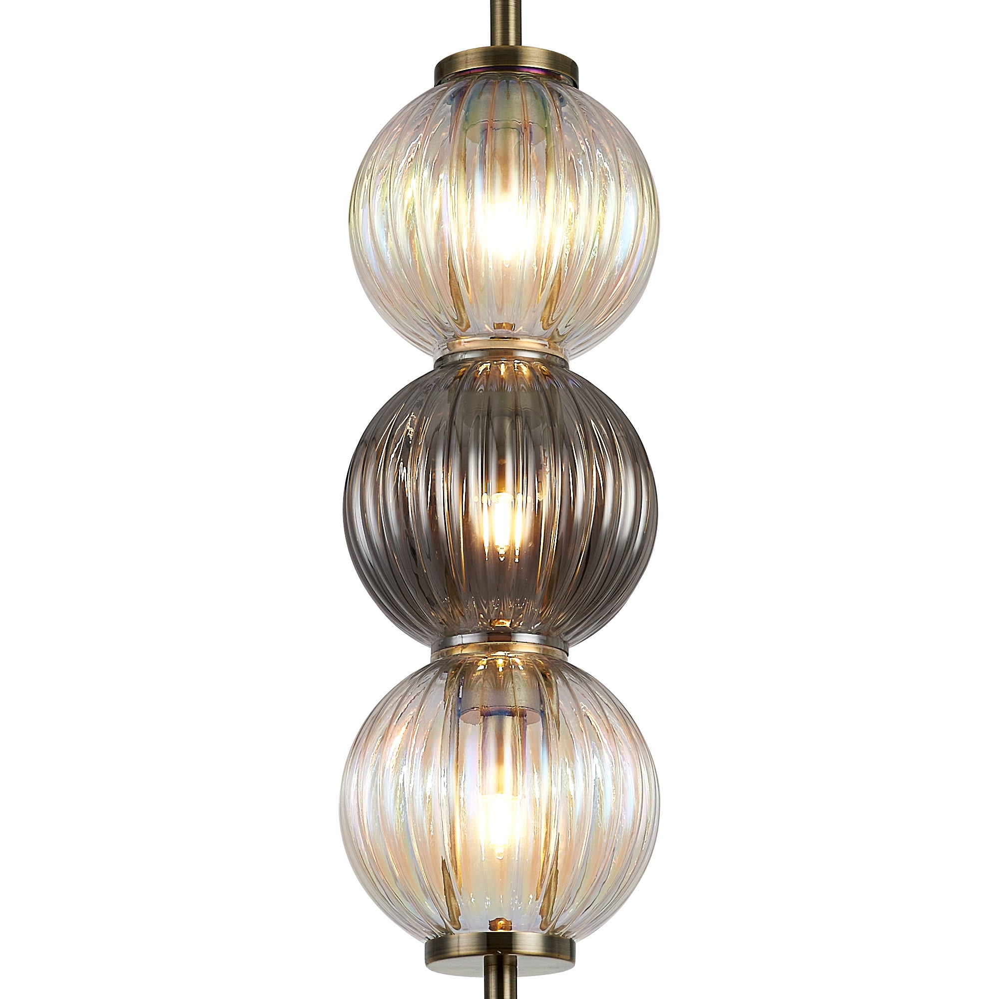 Lustre Segmented Glass Globe Vertical Pendant In An Antique Brass Framework, Iridescent and Smoke, 3x G9