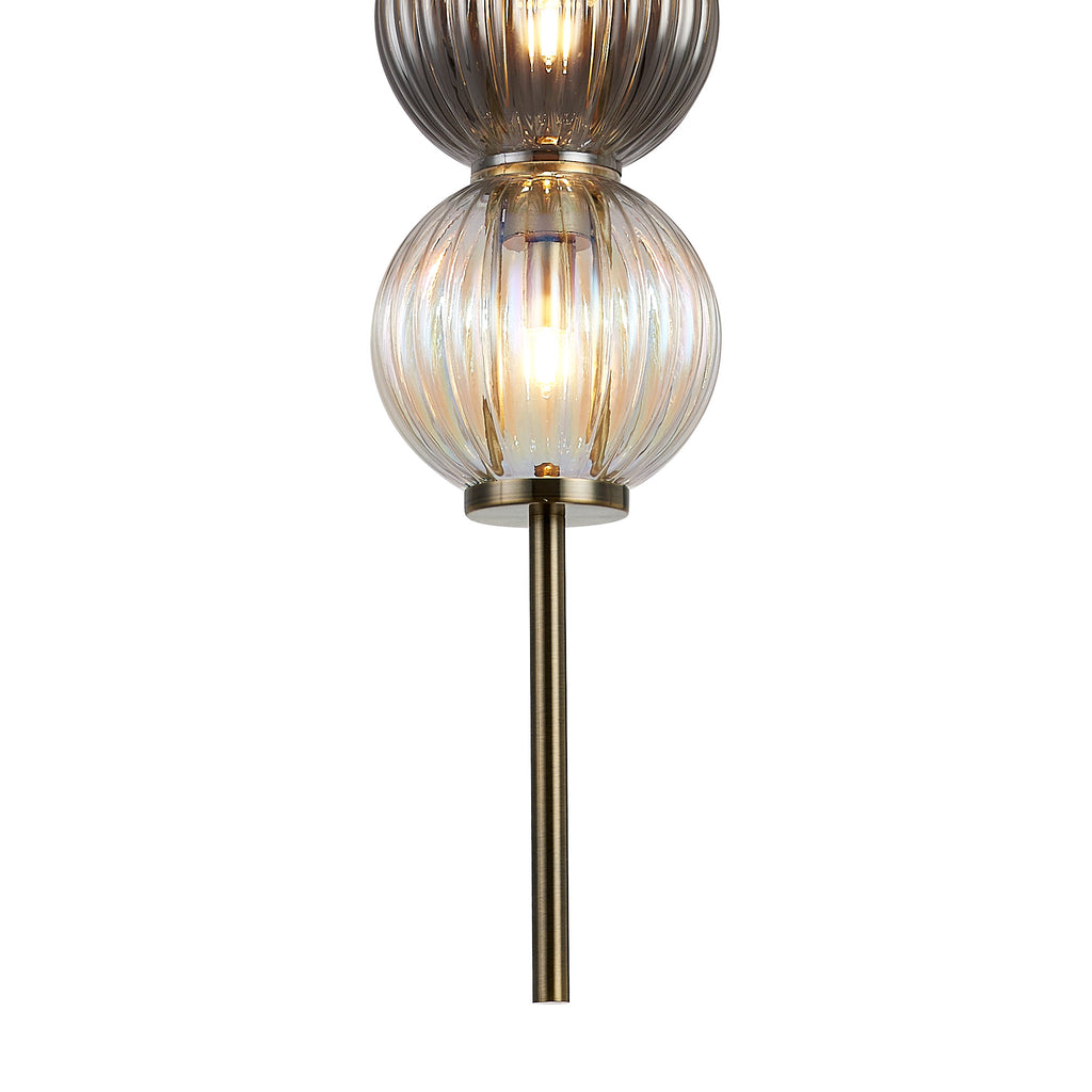 Lustre Segmented Glass Globe Vertical Pendant In An Antique Brass Framework, Iridescent and Smoke, 3x G9