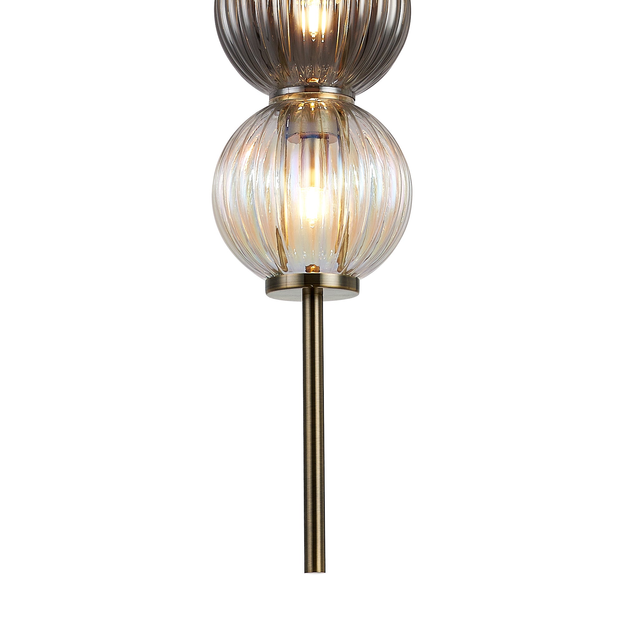 Lustre Segmented Glass Globe Vertical Pendant In An Antique Brass Framework, Iridescent and Smoke, 3x G9