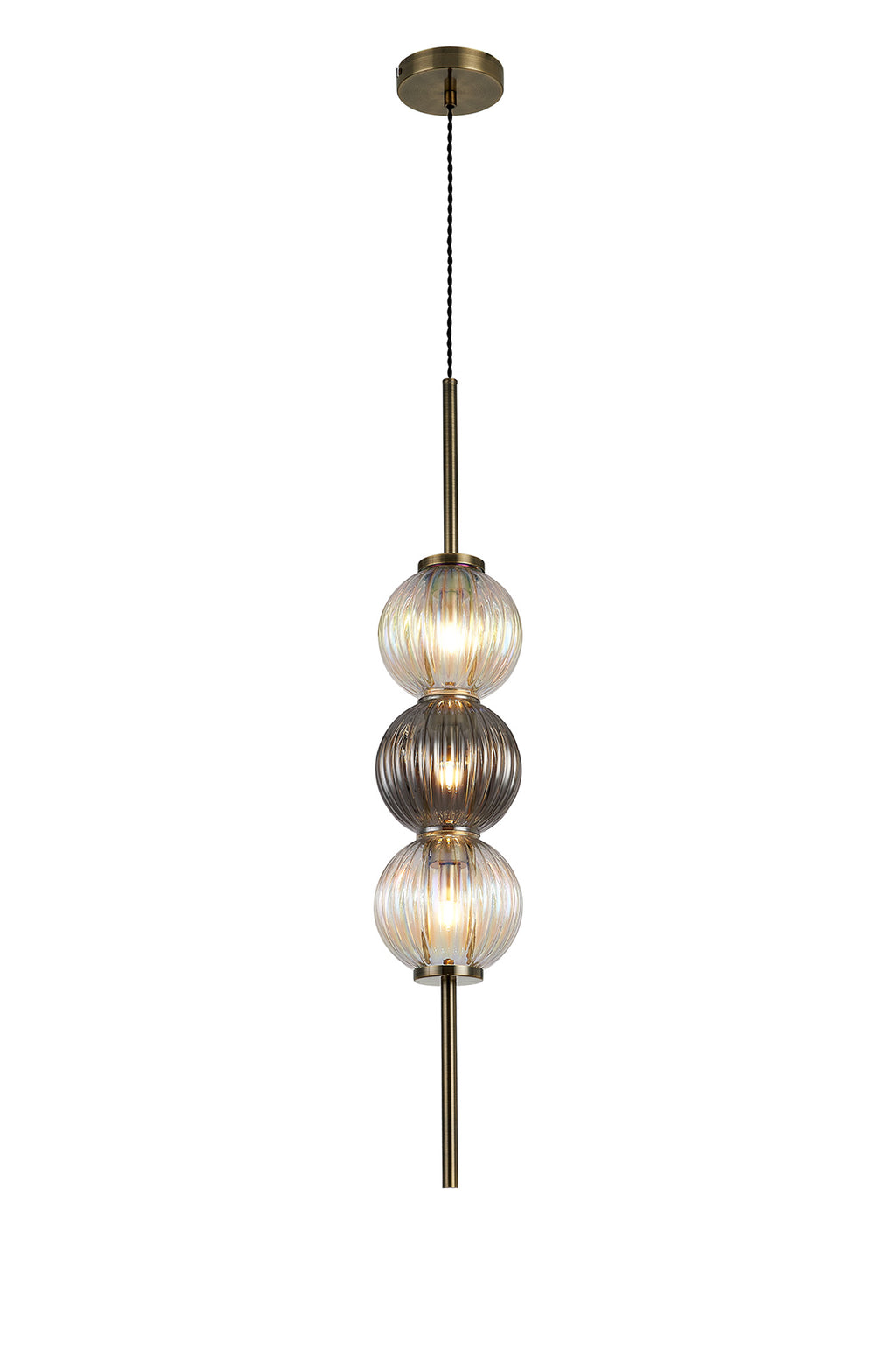 Lustre Segmented Glass Globe Vertical Pendant In An Antique Brass Framework, Iridescent and Smoke, 3x G9