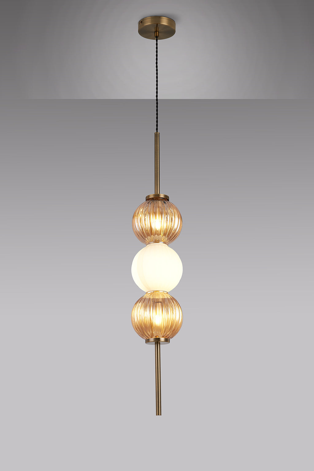 Lustre Segmented Glass Globe Vertical Pendant In An Antique Brass Framework, Amber and Opal, 3x G9
