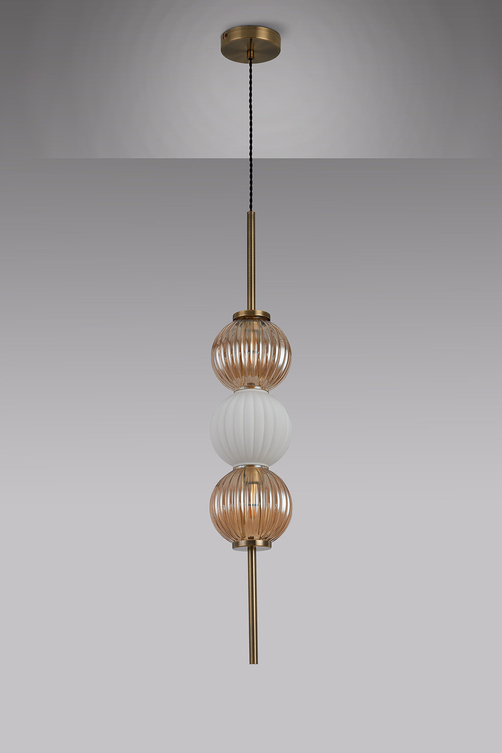 Lustre Segmented Glass Globe Vertical Pendant In An Antique Brass Framework, Amber and Opal, 3x G9