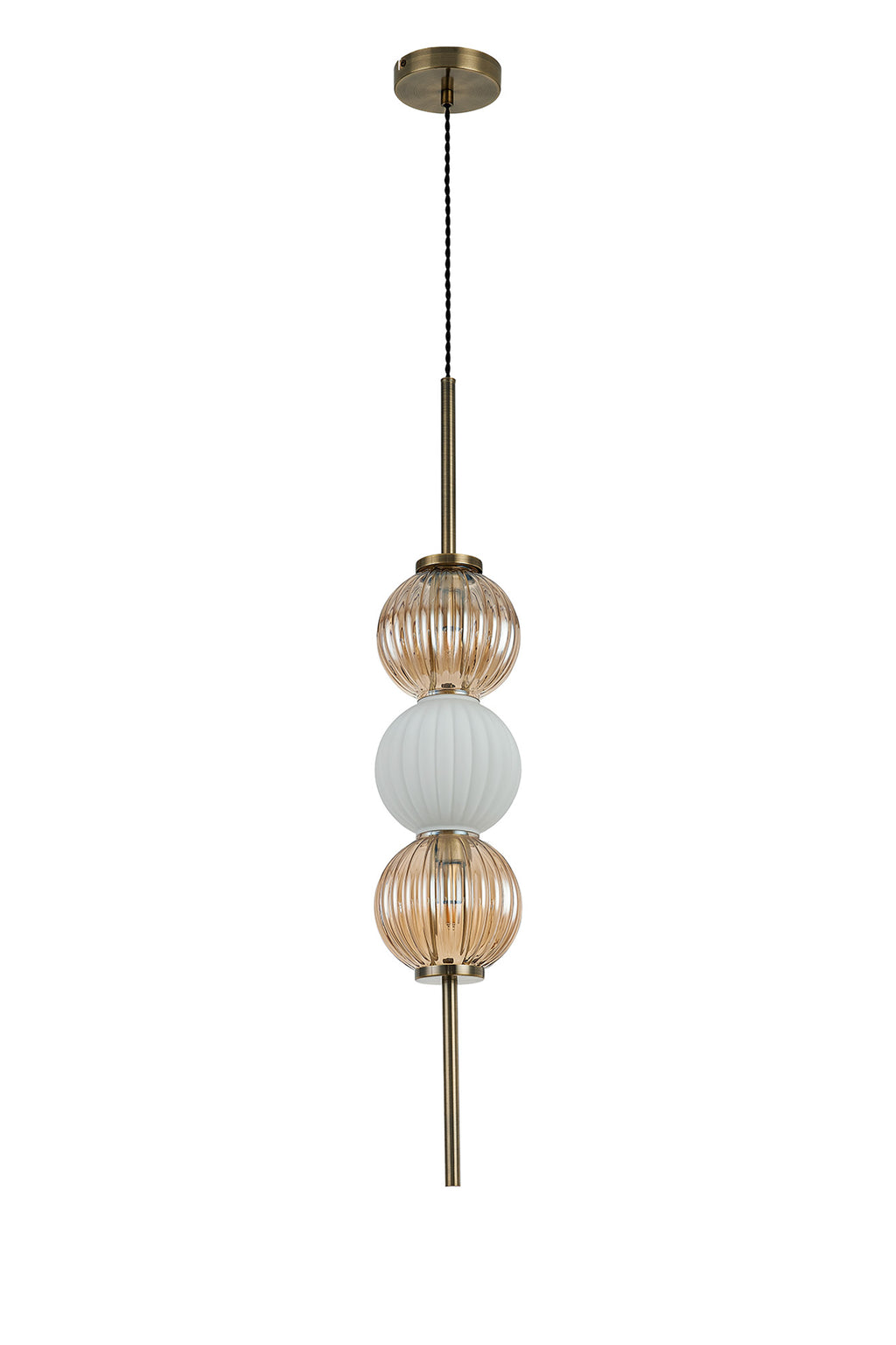 Lustre Segmented Glass Globe Vertical Pendant In An Antique Brass Framework, Amber and Opal, 3x G9