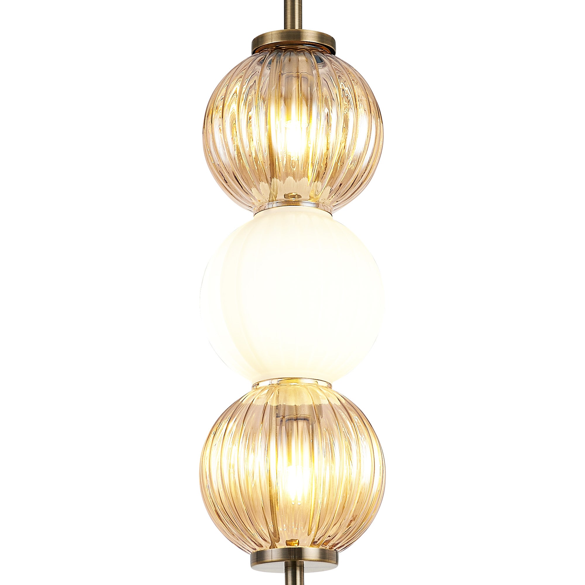 Lustre Segmented Glass Globe Vertical Pendant In An Antique Brass Framework, Amber and Opal, 3x G9