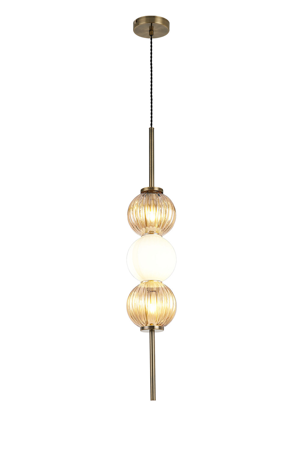Lustre Segmented Glass Globe Vertical Pendant In An Antique Brass Framework, Amber and Opal, 3x G9