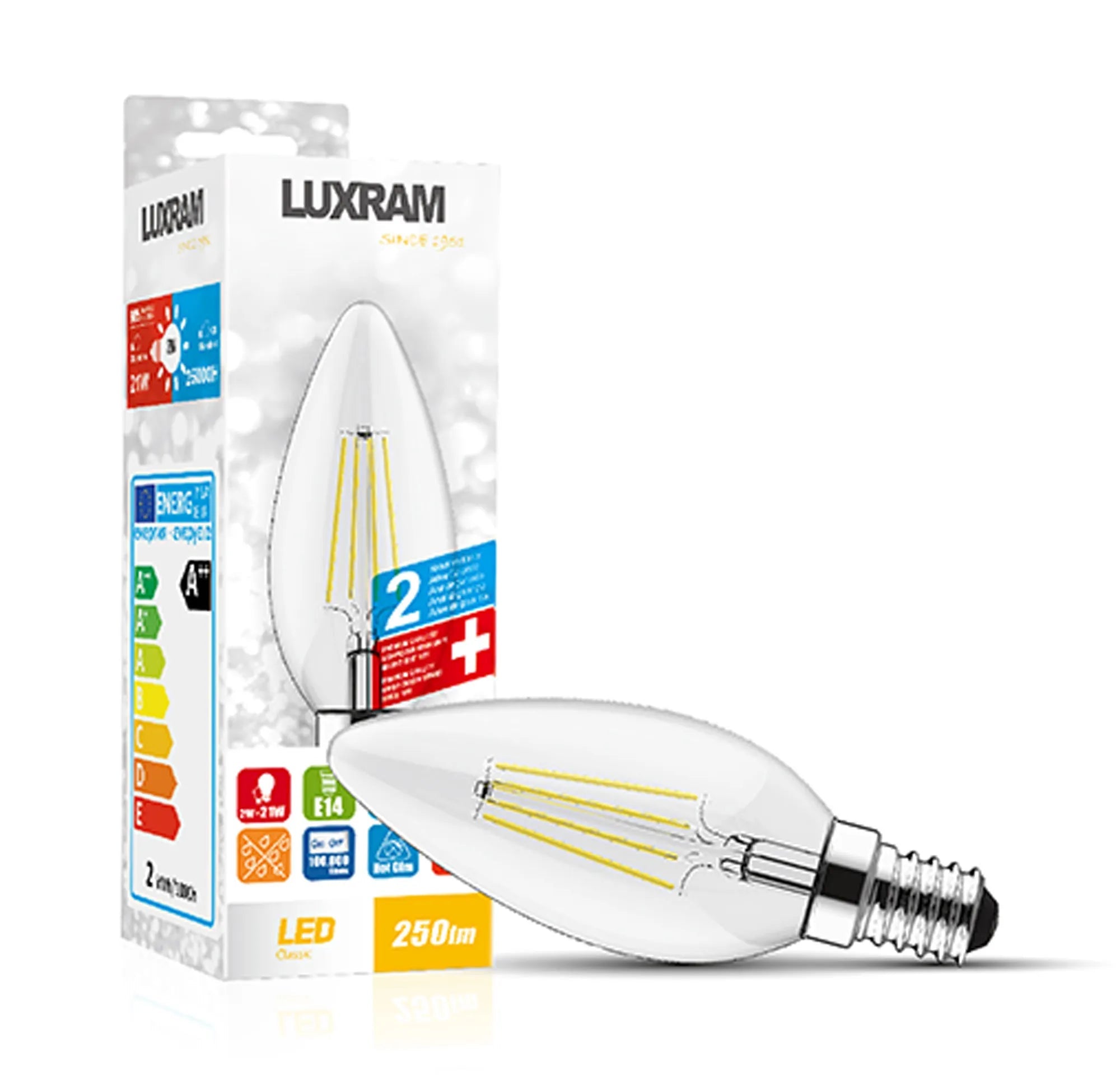 Luxram - Luxram 20w Equivalent, E14 SES , 2w NON DIMMABLE Low Power Filament LED Candle Bulb (250lm) - Luminosity Designs Ltd