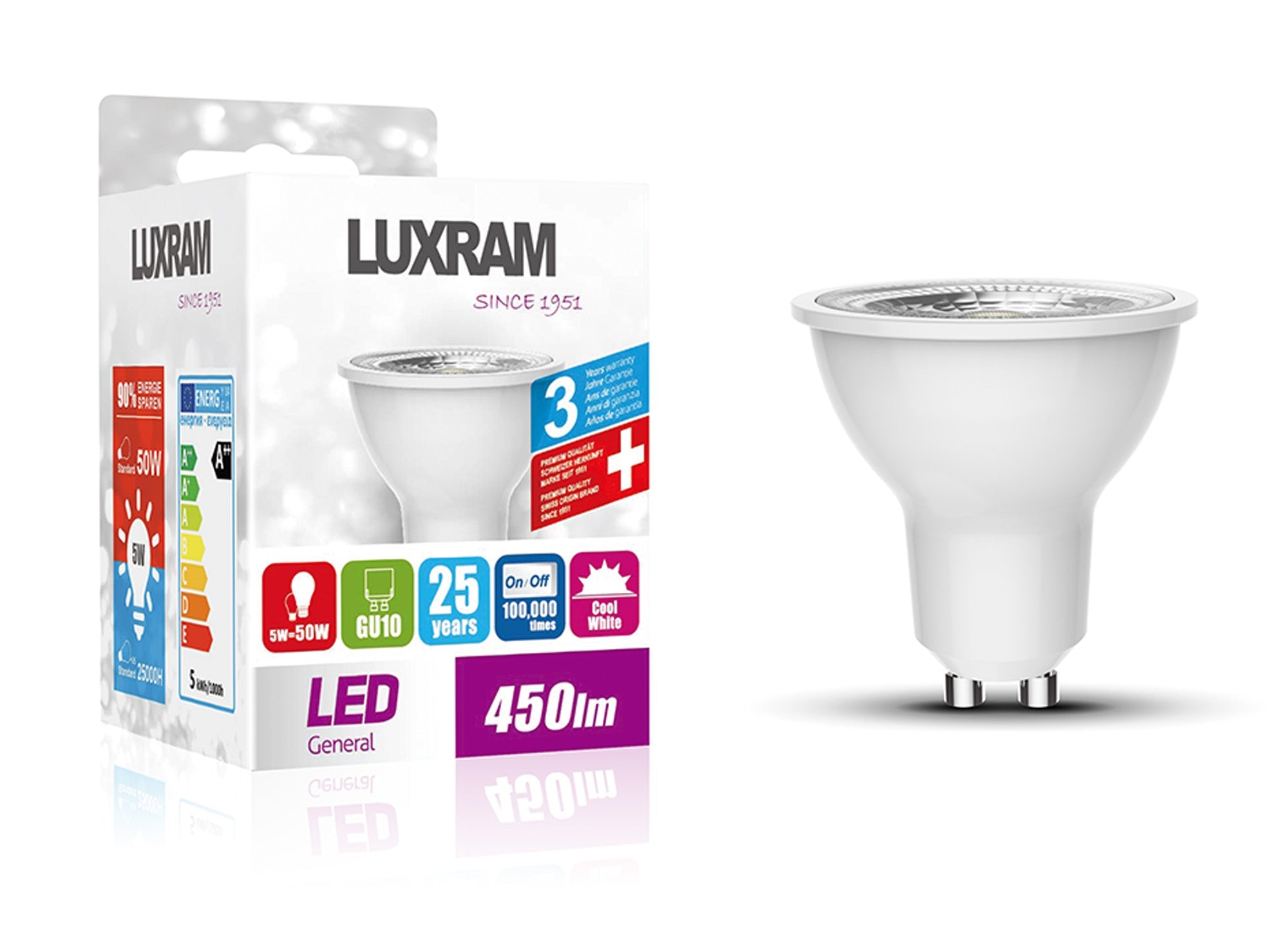 Crompton - Luxram Duramax Medium Powered 5w LED Thermal Plastic GU10 Spot Lamp Bulb - Luminosity Designs Ltd
