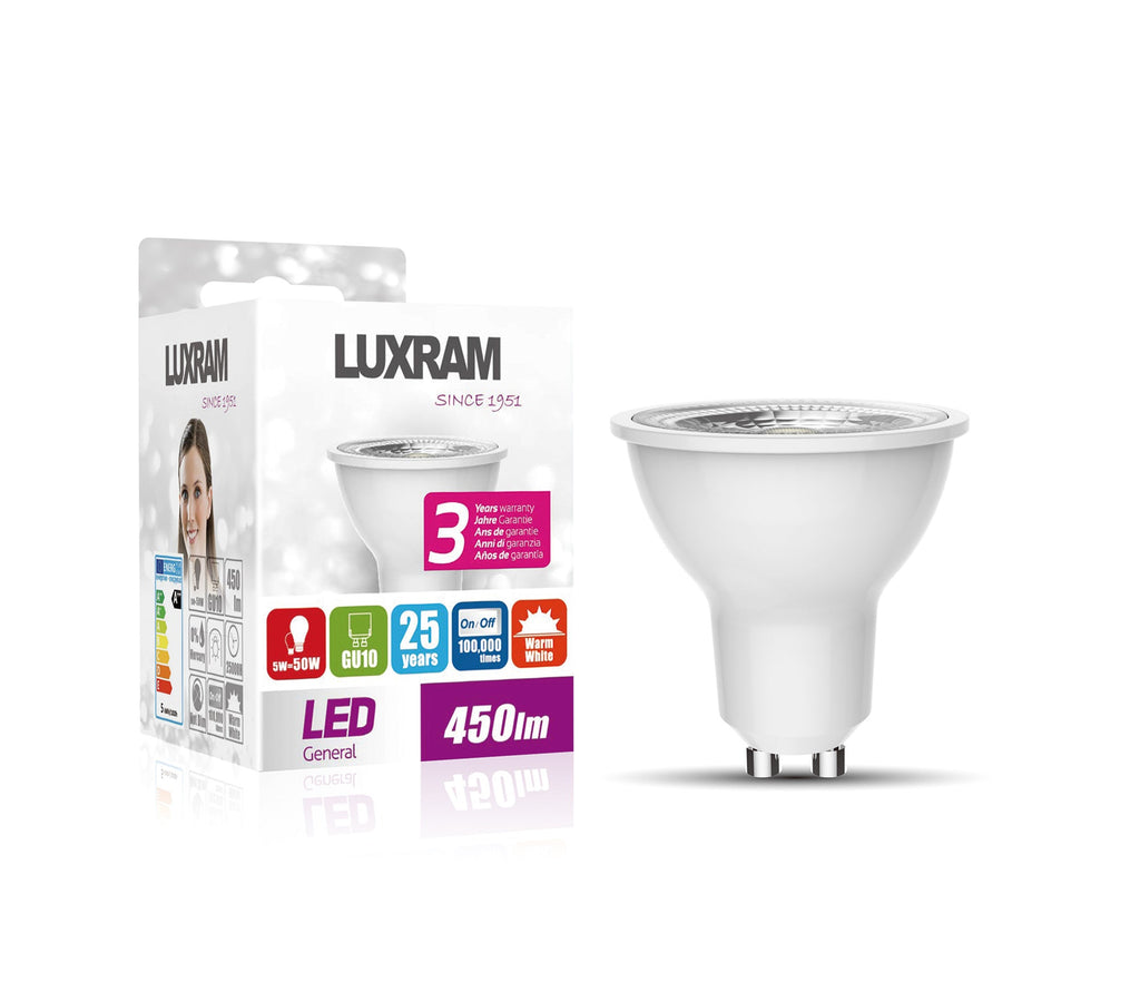 Crompton - Luxram Duramax Medium Powered 5w LED Thermal Plastic GU10 Spot Lamp Bulb - Luminosity Designs Ltd