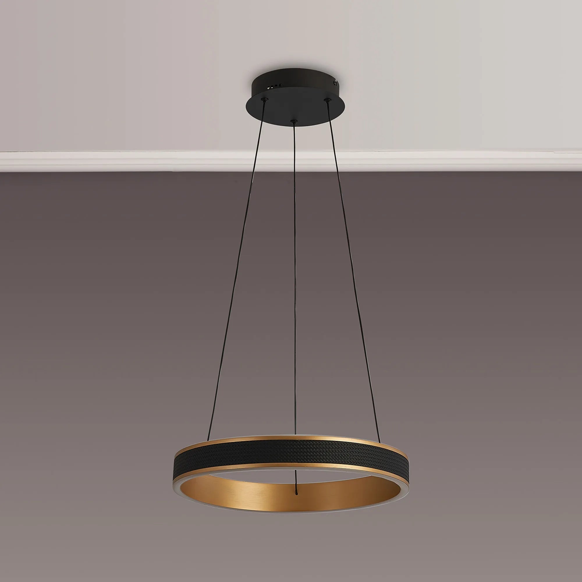 Luminosity Designs - Lyra 40cm Round Pendant, 36W LED, Remote Control CCT Tuneable White 3000K - 6000K, 2200lm, Faux Leather - Luminosity Designs Ltd