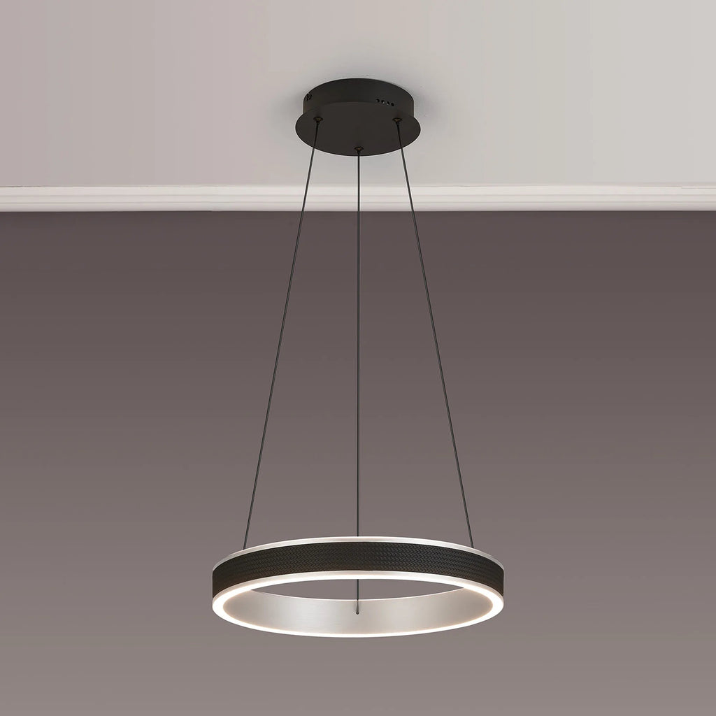 Luminosity Designs - Lyra 40cm Round Pendant, 36W LED, Remote Control CCT Tuneable White 3000K - 6000K, 2200lm, Faux Leather - Luminosity Designs Ltd