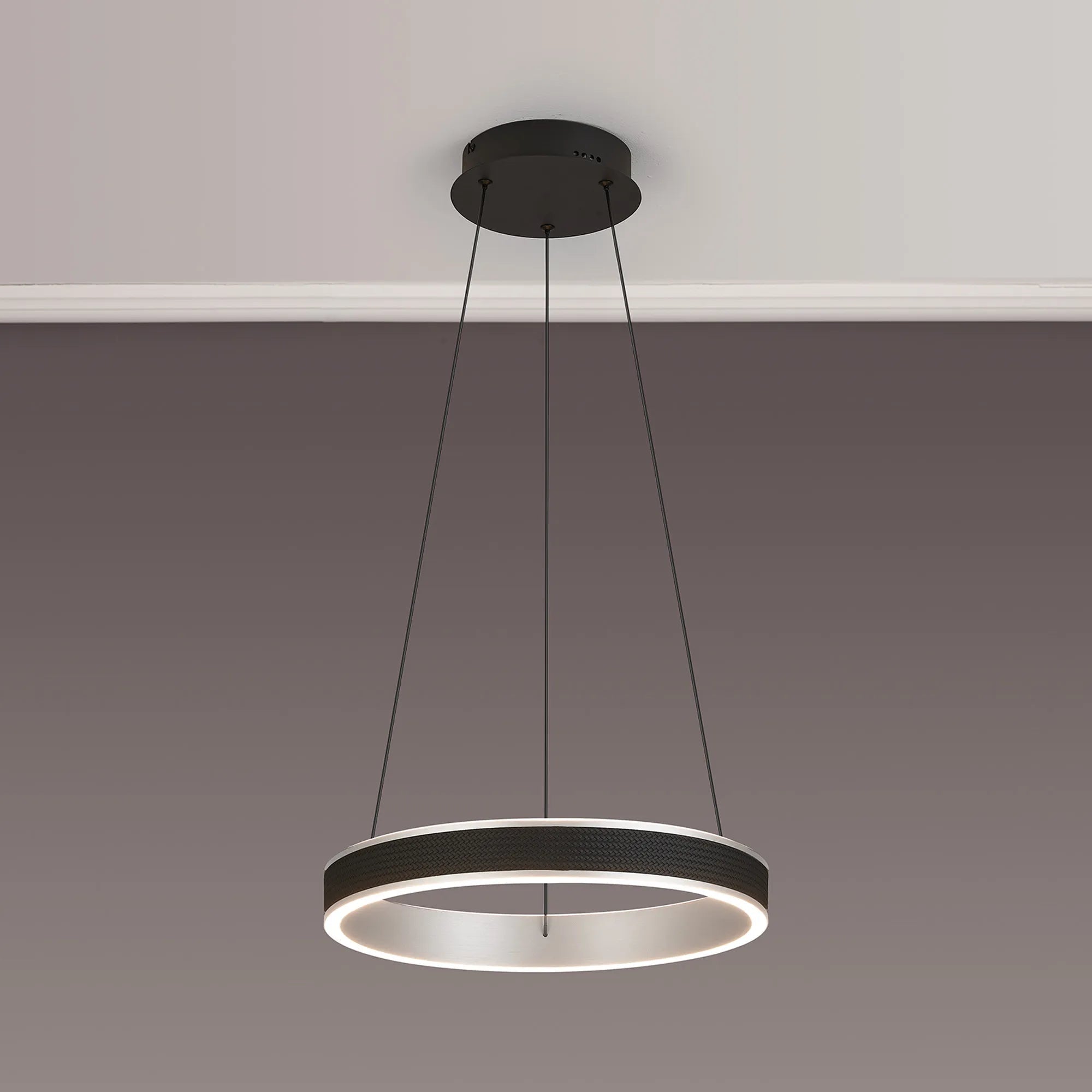 Luminosity Designs - Lyra 40cm Round Pendant, 36W LED, Remote Control CCT Tuneable White 3000K - 6000K, 2200lm, Faux Leather - Luminosity Designs Ltd