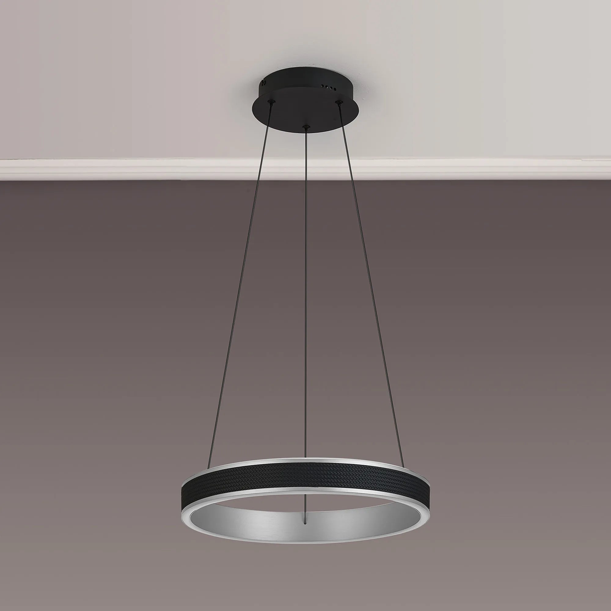 Luminosity Designs - Lyra 40cm Round Pendant, 36W LED, Remote Control CCT Tuneable White 3000K - 6000K, 2200lm, Faux Leather - Luminosity Designs Ltd