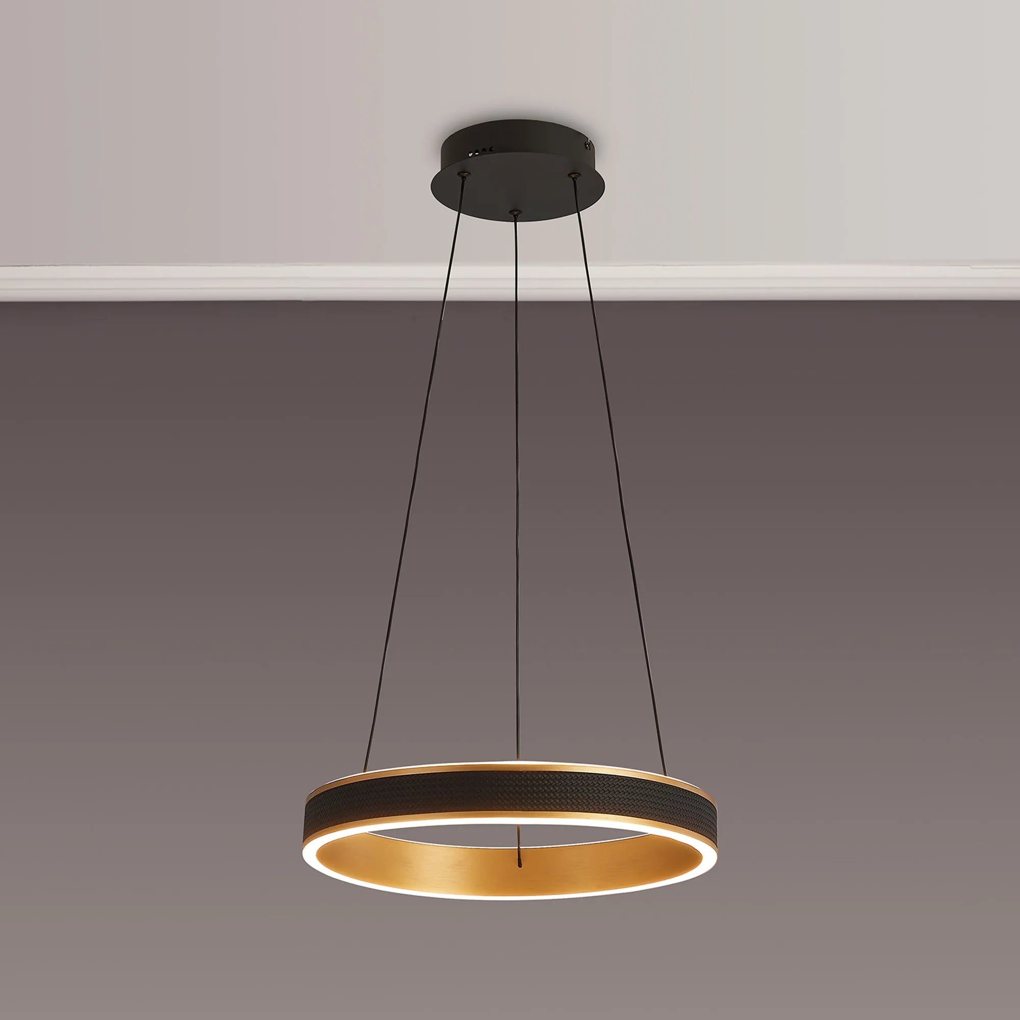 Luminosity Designs - Lyra 40cm Round Pendant, 36W LED, Remote Control CCT Tuneable White 3000K - 6000K, 2200lm, Faux Leather - Luminosity Designs Ltd