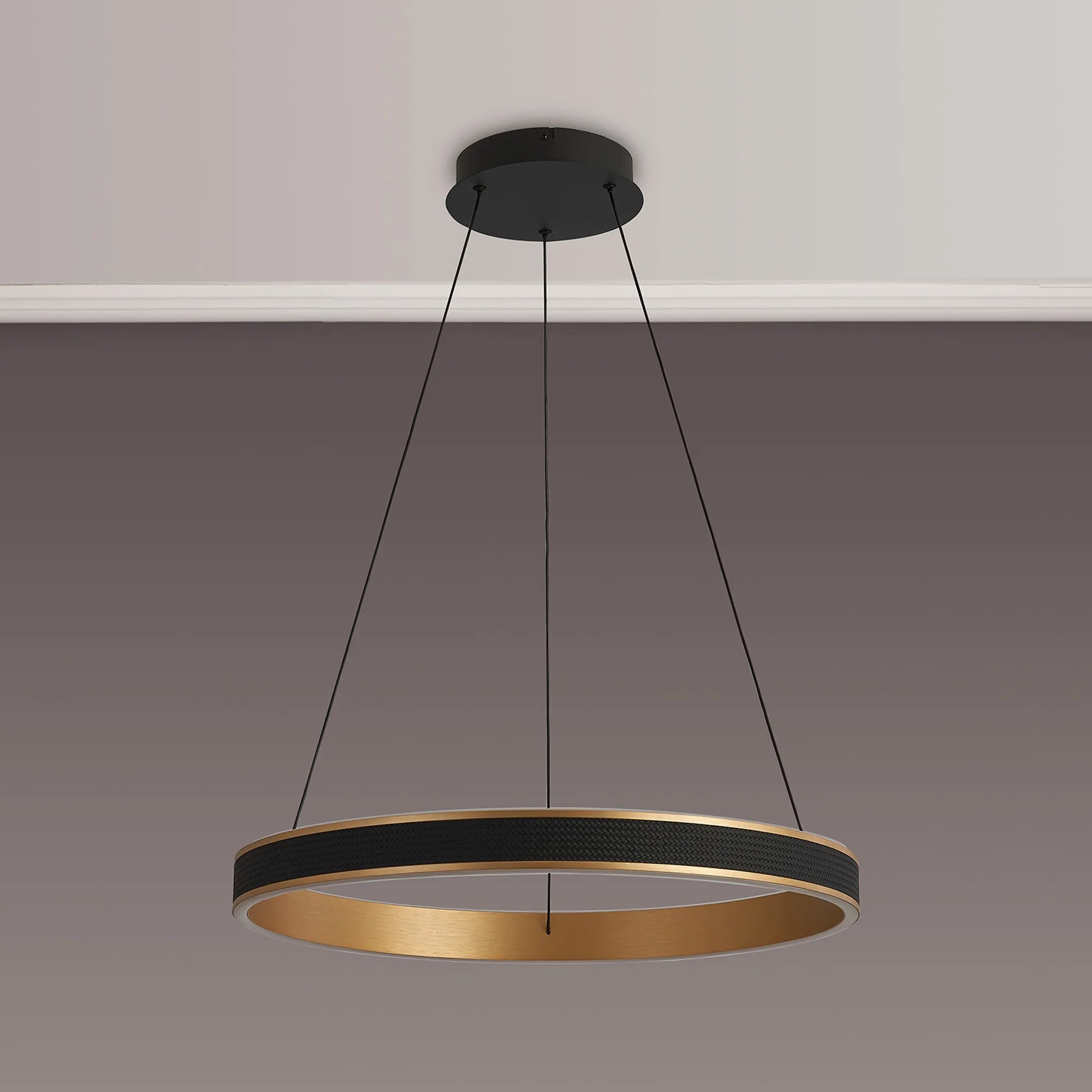 Luminosity Designs - Lyra 60cm Round Pendant, 45W LED, Remote Control CCT Tuneable White 3000K - 6000K, 3000lm, Faux Leather - Luminosity Designs Ltd