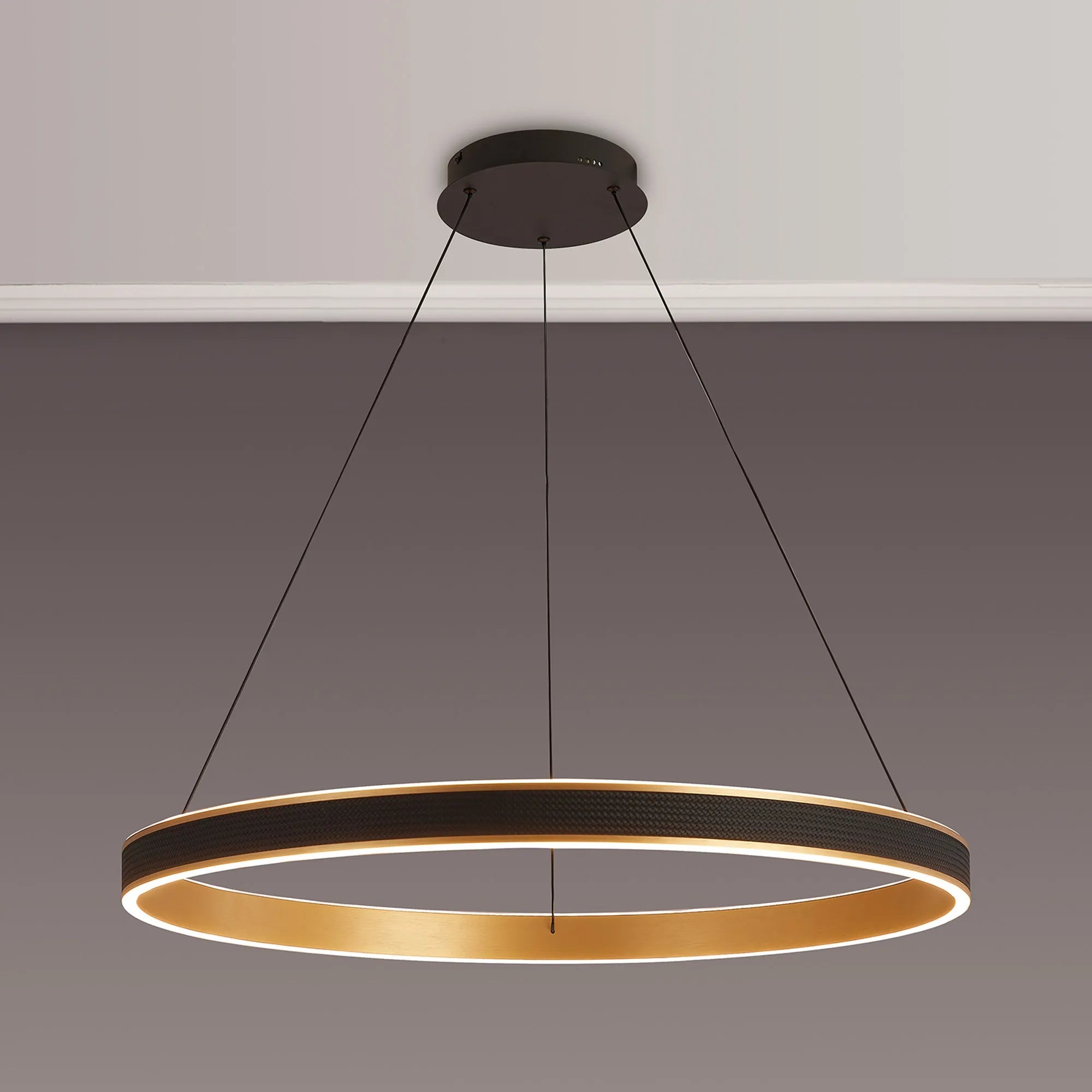 Luminosity Designs - Lyra 80cm Round Pendant, 70W LED, Remote Control CCT Tuneable White 3000K - 6000K, 4200lm, Faux Leather - Luminosity Designs Ltd