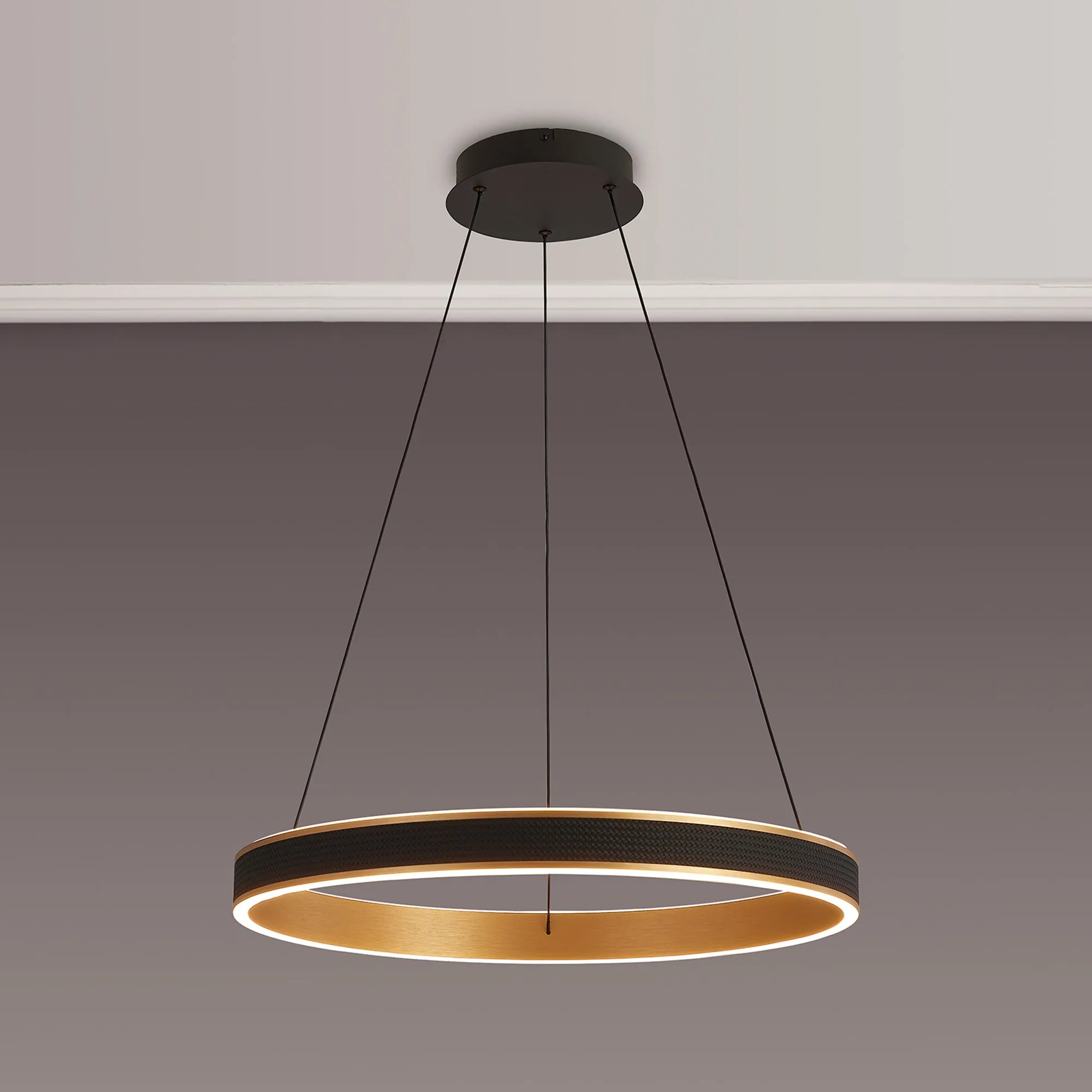Lyra 60cm Round Pendant, 45W LED, Remote Control CCT Tuneable White 3000K-6000K, 3000lm,  Faux Leather