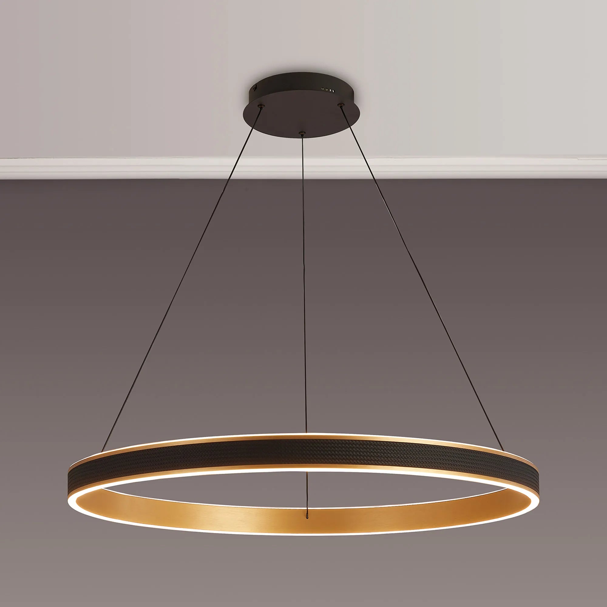 Lyra 80cm Round Pendant, 70W LED, Remote Control CCT Tuneable White 3000K-6000K, 4200lm, Faux Leather