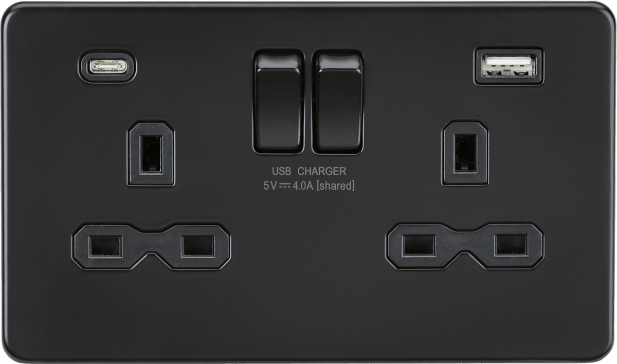 Knightsbridge - Matt Black Flat Plate 2g Screwless 13A Switched Socket with Dual USB A+C (5V DC 4.0A shared) - Luminosity Designs Ltd