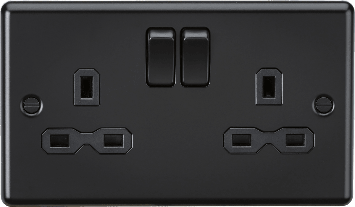 Knightsbridge - Matt Black Rounded Edge 2g Switched Socket - Luminosity Designs Ltd
